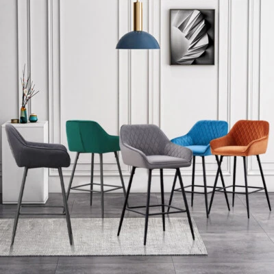 Barhocker 2er Set Samt Barstuhl Gepolstert mit Rückenlehne Fußstütze Armlehnen  - Bild 1 von 4