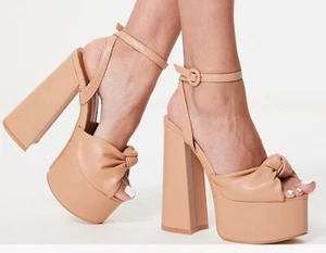 Public Desire, Knot On TRENDY beige faux leather 6" heel platforms, SZ 9 WIDE - Picture 1 of 5