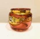 Cranberry Glass Container Ruby Glass Bowl Handpainted Applique Flowers on Gold