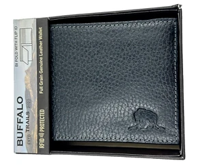 Cartera de identificación Buffalo Trails doble plegable abatible cuero negro grano completo cuero genuino - Imagen 1 de 9