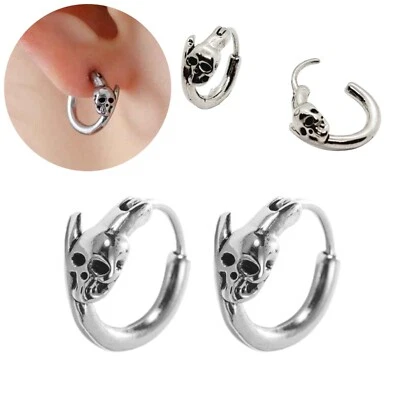 Orecchini da uomo cerchio con teschio acciaio inox cerchietti skull punk rock - Immagine 1 di 4