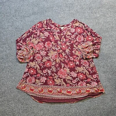 Top Lucky Brand para mujer talla 1X rojo borgoña floral cuello en V manga 3/4 boho informal Foto 1 de 4