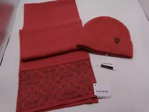 Coach Watermelon Signature Knit Oblong Scarf C5127 & Rib Knit Hat 6917 New - Picture 1 of 5