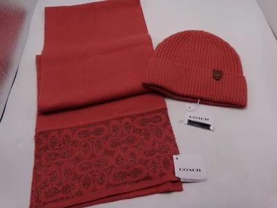 Coach Watermelon Signature Knit Oblong Scarf C5127 & Rib Knit Hat 6917 New - Image 1 of 4
