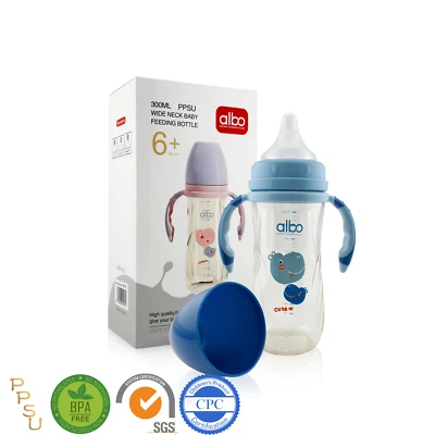 Biberón Albo PPSU azul 300 ml 10 oz biberones anticólicos con mango giratorio Foto 1 de 4