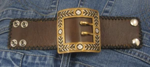 OOAK Art Collage Vintage Enamel Belt Buckle Leather Men’s Cuff Bracelet - Picture 1 of 7