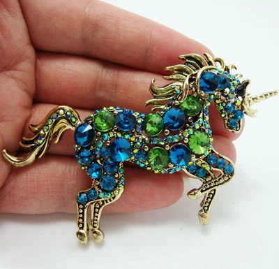 Moda Elegante Azul Unicornio Caballo Cristal Estrás Broche Prendedor Colgante Foto 1 de 3