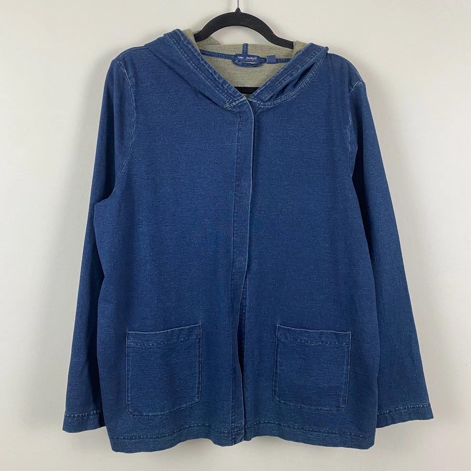 Jaqueta J. Jill Pure Indigo com Capuz Snap Front Tamanho Pequeno Grande Bolsos Azuis - Imagem 1 de 4