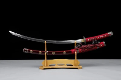 Red Authentic Japanese Tachi Samurai Sword KatanaT10 Steel Blade Black Scabbard - Image 1 of 4