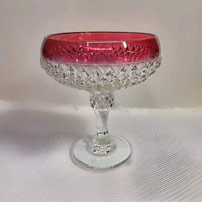 Vintage Indiana Glass Ruby Red Rim Diamond Point Candy Dish Compote Bowl - Image 1 of 4