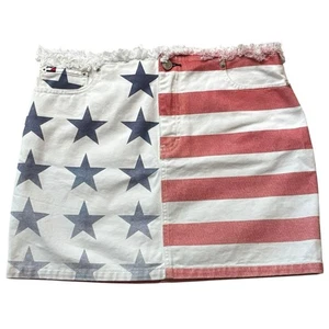 Vintage Tommy Hilfiger Size 6 American Flag Jean Mini Skirt Y2K Frayed Denim - Picture 1 of 6