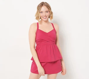 Denim & Co. Beach Twist davanti con gonna Tankini Deep Magenta 12 nuovo - Foto 1 di 1