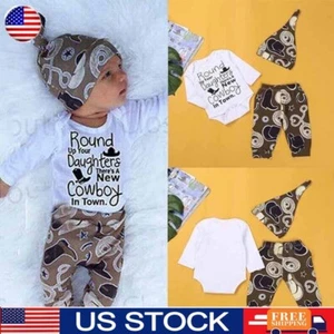Newborn Infant Baby Boys Romper Bodysuit Tops Pants Hat 3PCS Clothes Set Outfits - Picture 1 of 14