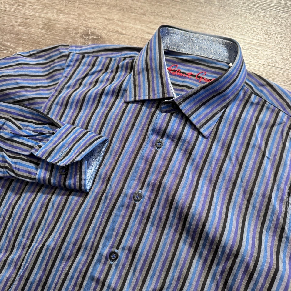 Robert Graham Shirt Youth Large 14-16 Pruple Stripe Preppy Flip Cuff Boys Casual - Image 1 of 4