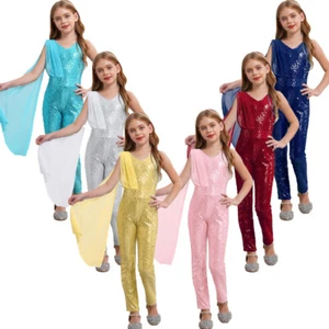 Kids Girls Pantsuit Church Jumpsuit Ball Dressy Bodysuit Princess Solid Color - Picture 1 of 68