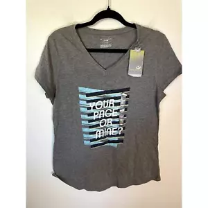 NEW Tek Gear Women's Gray V-Neck Graphic Workout Tee Size Medium Active Athletic - Picture 1 of 6