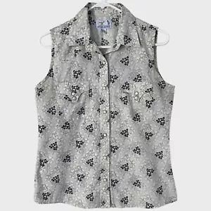 Panhandle Slim Pearl-Snap Shirt Sleeveless Western Gray Floral Women's Medium - Picture 1 of 11