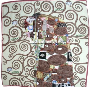 Bufanda de arte hecha a mano 100 % seda pura envoltura 35"X35" enrollada a mano con Klimt "El abrazo" - Imagen 1 de 4