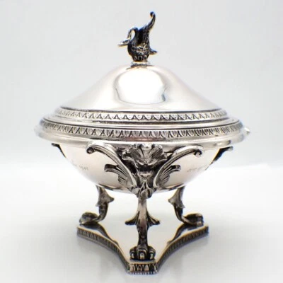 Empire Style Covered Bowl Italian 800 Silver Gargoyle Feet Swan Handle — 第 1/4 张图片