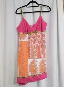 Y2K Guess Jeans Dress Asymmetrical Hem Patchwork Boho Size M Pink Orange Short  - Picture 1 of 10