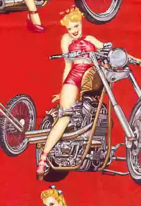 Hot Wheels motorcycle biker girls pinups red Alexander Henry fabric 24 inch piec - Picture 1 of 1
