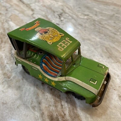JUGUETE DE FRICCIÓN DE HOJALATA JEEP TIGRE DE COLECCIÓN HECHO EN JAPÓN VEHÍCULO DE COCHE FUNCIONA ORIGINAL Foto 1 de 4