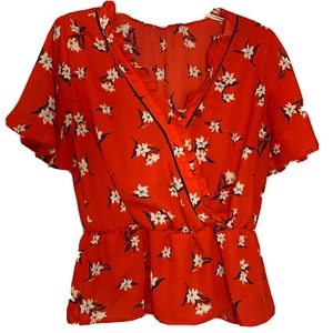 sienna sky top medium rot kurzarm Bluse transparent Blumen Schößchen - Bild 1 von 4