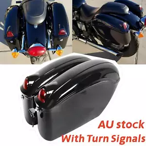 2Pcs Universal Hard Motorcycle Saddle Bags w/Light For Yamaha Harley Honda Black - Picture 1 of 15