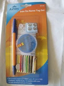 IRON ON 40  NAME TAG SET WITH SEWING KIT  Buttons Fabric Pen Thread - Picture 1 of 1