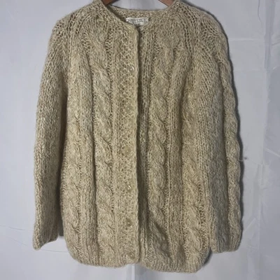 Women's Cardigan Sweater 80%Virgin Wool Handmade In Italy Beige Tan Cream Large - Image 1 of 4
