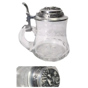 Antique RARE Early German Etched Glass Beer Stein w/ Pewter Lid German  - Picture 1 of 9