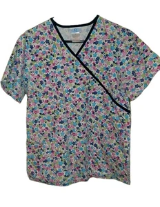 SB Scrub Top Womens Sz Med SS Black Trim V neck Blue Pink Green Floral Pockets - Picture 1 of 5