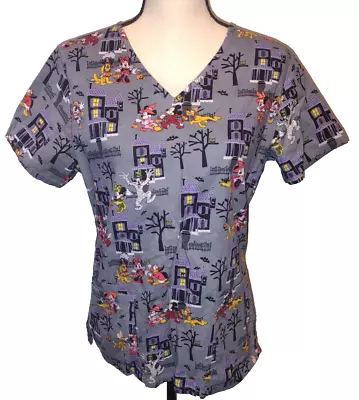 Disney Adult Small Scrub V Neck Top Halloween Mickey Mouse Minnie Pluto Cats  Foto 1 de 4