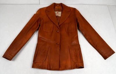 Chaqueta de Cuero Vintage Crae Carlyle Talla S Años 70 Brillante Nuez moscada Marrón Ajustada Foto 1 de 4