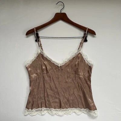 Camiseta sin mangas vintage otoño 2004 Y2K marrón blanco crema encaje cami recortada talla mediana Foto 1 de 4