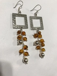 Sterling Silver .925 ~ Natural Baltic Amber ~ 4" Square Dangle Earrings - Picture 1 of 12