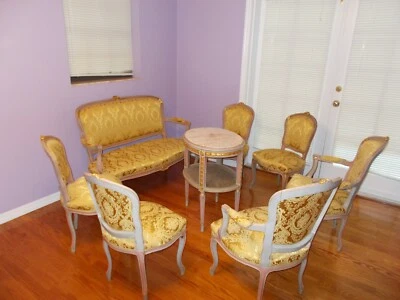 Antiguo Luis XV Antiguo Salón Doré Francés 8 Piezas Suite Salón Set Oro Damasco Foto 1 de 4