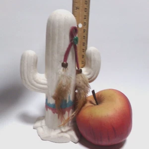Saguaro Cactus Southwest Figurine White Turquoise Rust with Feathers & Beads 7"T - Picture 1 of 9