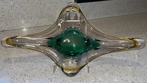 VTG Rubin Czech Glass Green Gold Centerpiece Heavy Bohemian Marked 16” X 9” - Picture 1 of 17