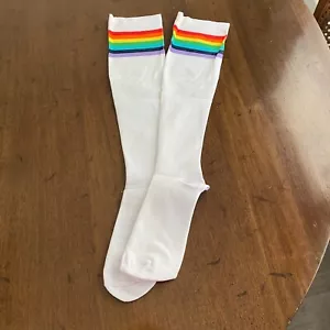 Knee High Socks Women's L/XL White Rainbow Striped Knit Spandex Pack of 3 - Picture 1 of 5