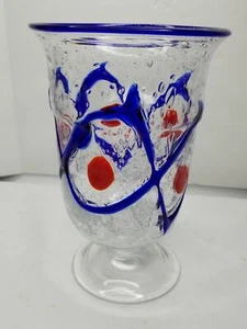 Jarrón de vidrio artístico de colección burbujas azul cobalto diseño de puntos rojos excelente soplado a mano - Imagen 1 de 11