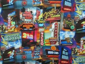 RETRO FAMOUS MOTELS BARS HISTORIC SIGNS DIGIAL ART WORKS BLK COTTON FABRIC BTHY - Picture 1 of 5