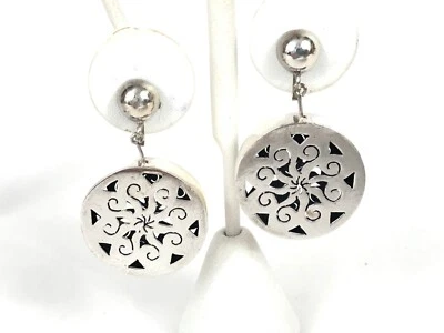 Vintage Cutout Sterling Silver Fancy Dangle Drop Screwback Earrings Estate 1.75" - Image 1 of 4