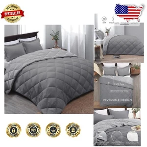 Modern Twin Bed Comforter Set - Reversible Grey/Charcoal for -Round Comfort - Picture 1 of 10