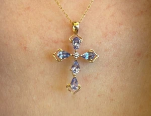 Tanzanite & Diamond 14K Yellow Gold Cross Pendant Necklace - Picture 1 of 8