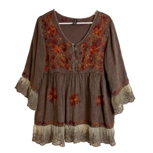 Hilos Sagrados Marrón Ácido Lavado Superior Óxido Bordado Red Encaje Volantes Relajado S/M - Imagen 1 de 16