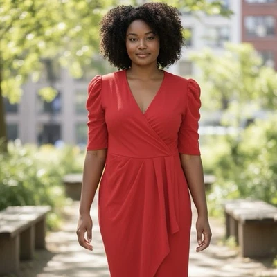 Vestido midi rojo manga acanalada plisado envolvente talla grande QUIZ para mujer talla US 18 fiesta Foto 1 de 4