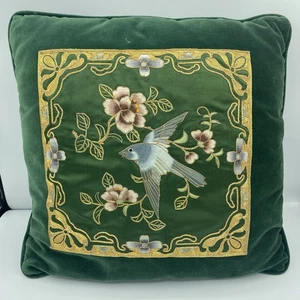 VTG Asian Embroidered Bird Silk Panel Floral Velvet Throw Pillow 15”x15” - Picture 1 of 4