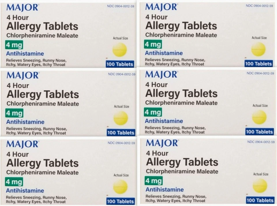 MAJOR Chlorpheniramine 4mg Allergy Tablets 100ct ( 6 pack ) PHARMACY FRESH! ^^ - Image 1 of 1