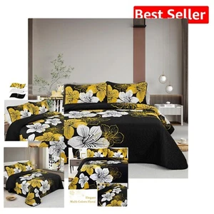Luxurious Black and Gold Floral Reversible Quilt Set for King Bed - All Season - Picture 1 of 9